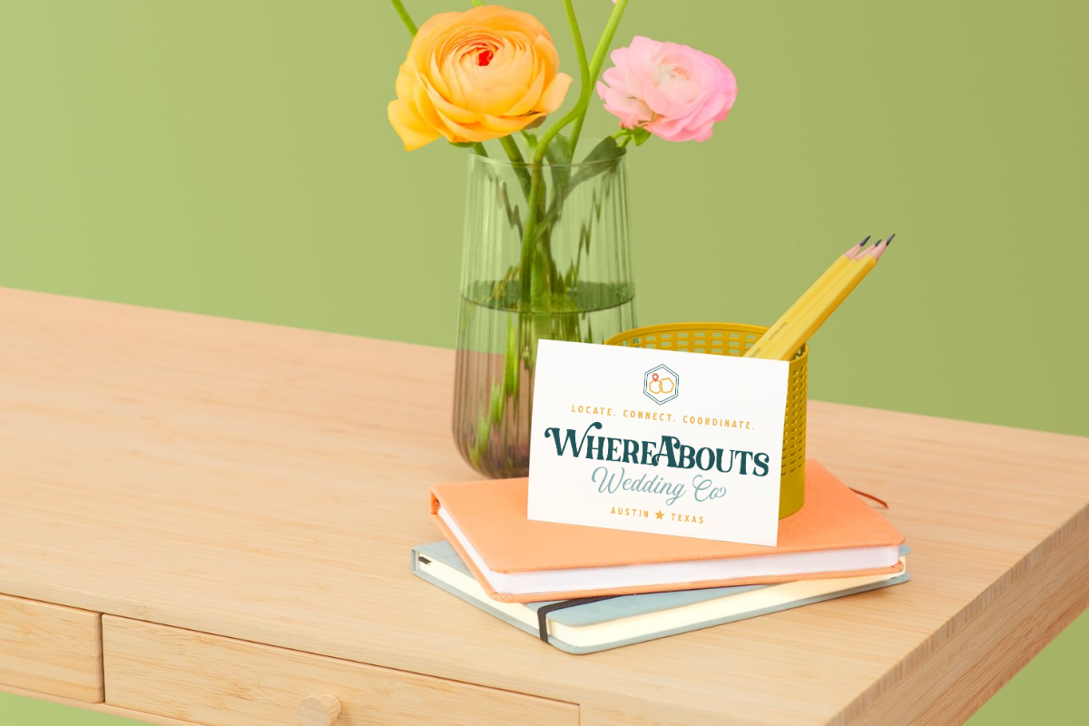 Custom logo design in a business card for WhereAbouts Wedding Co, a wedding venue sourcing and coordination in Austin