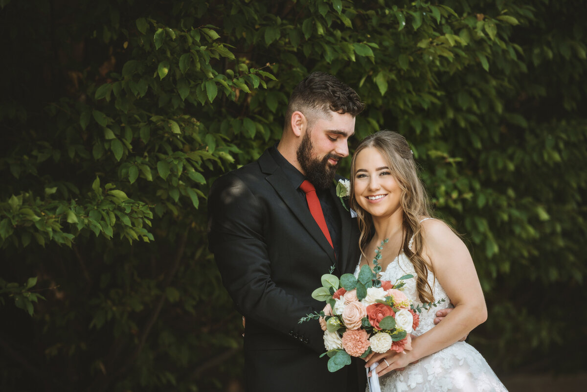 Bride and groom on wedding day.