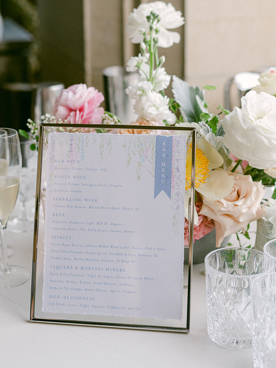 Custom Watercolour Bar Sign in Modern Gold Frames on a white bar with pink and white flowers