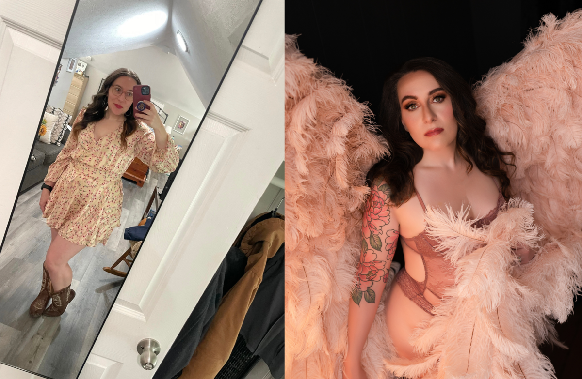 Before and after transformation showing hair and makeup from a BombShell Boudoir session