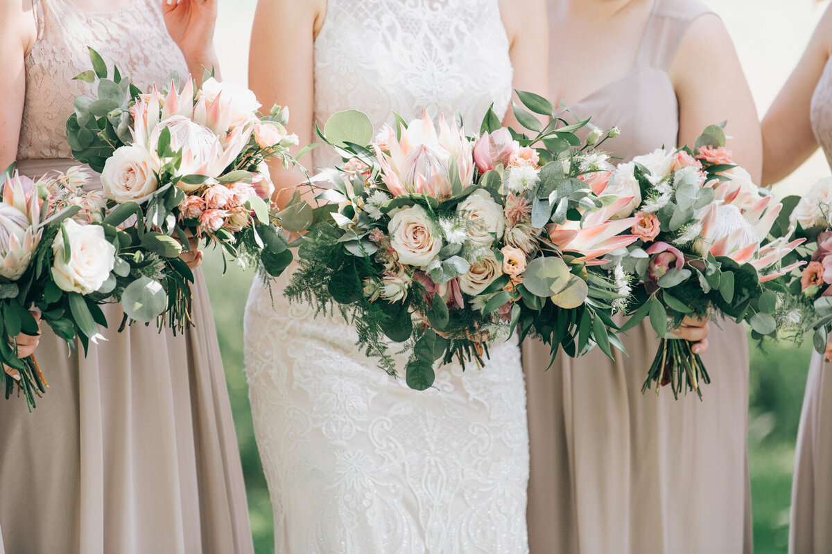Whimsical and exotic blush, ivory and green wedding bouquets