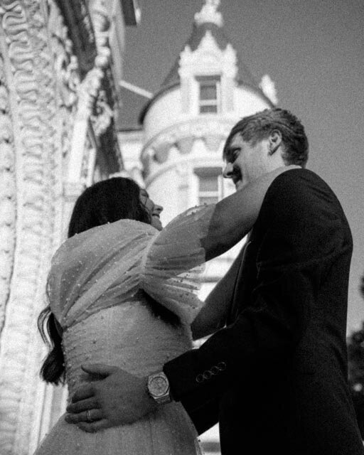 A nostalgic black and white wedding and elopement portrait, capturing timeless romance and emotion in Spokane, Washington.