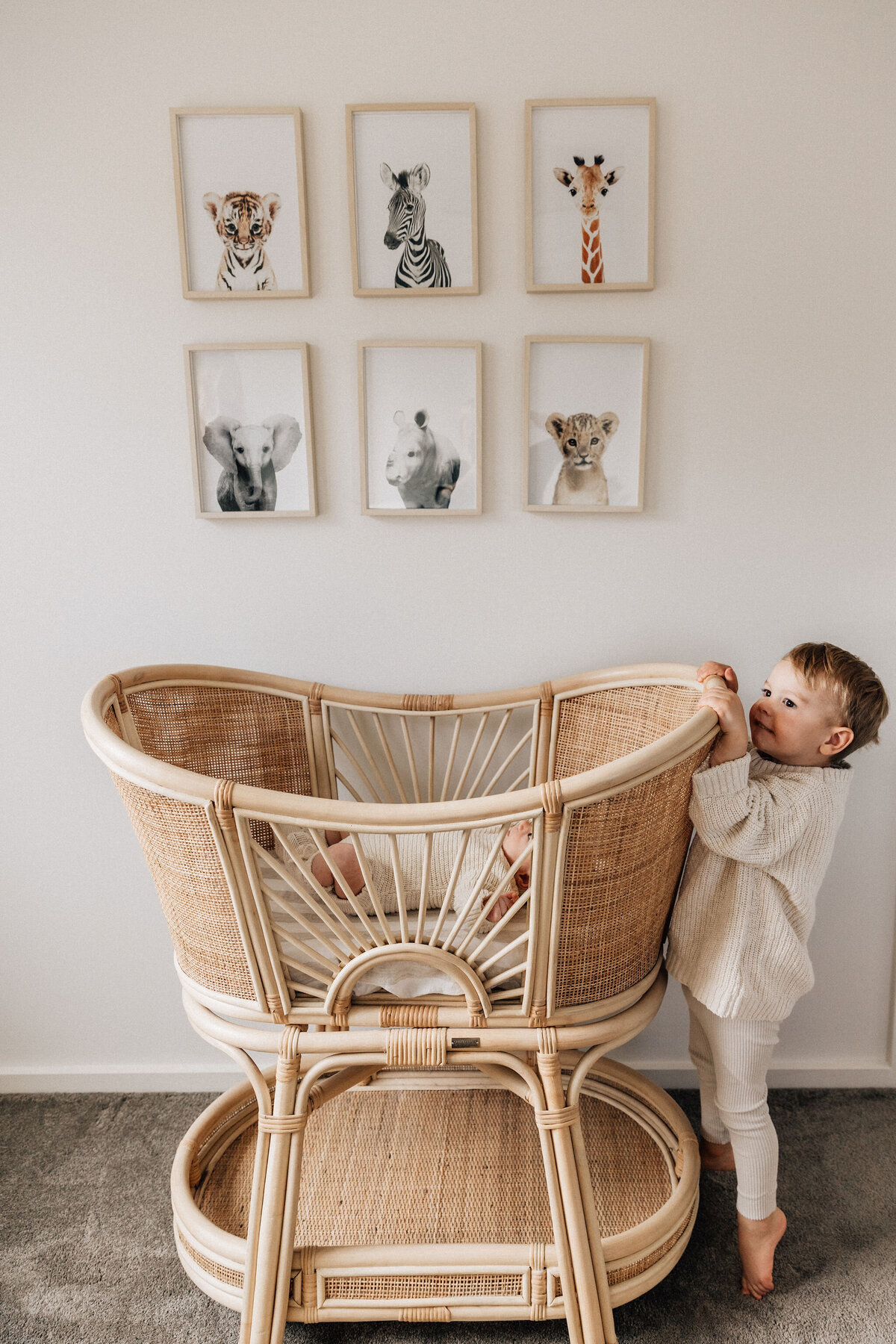 toddler brother peaks over the top of cane bassinet at home newborn photography shoot