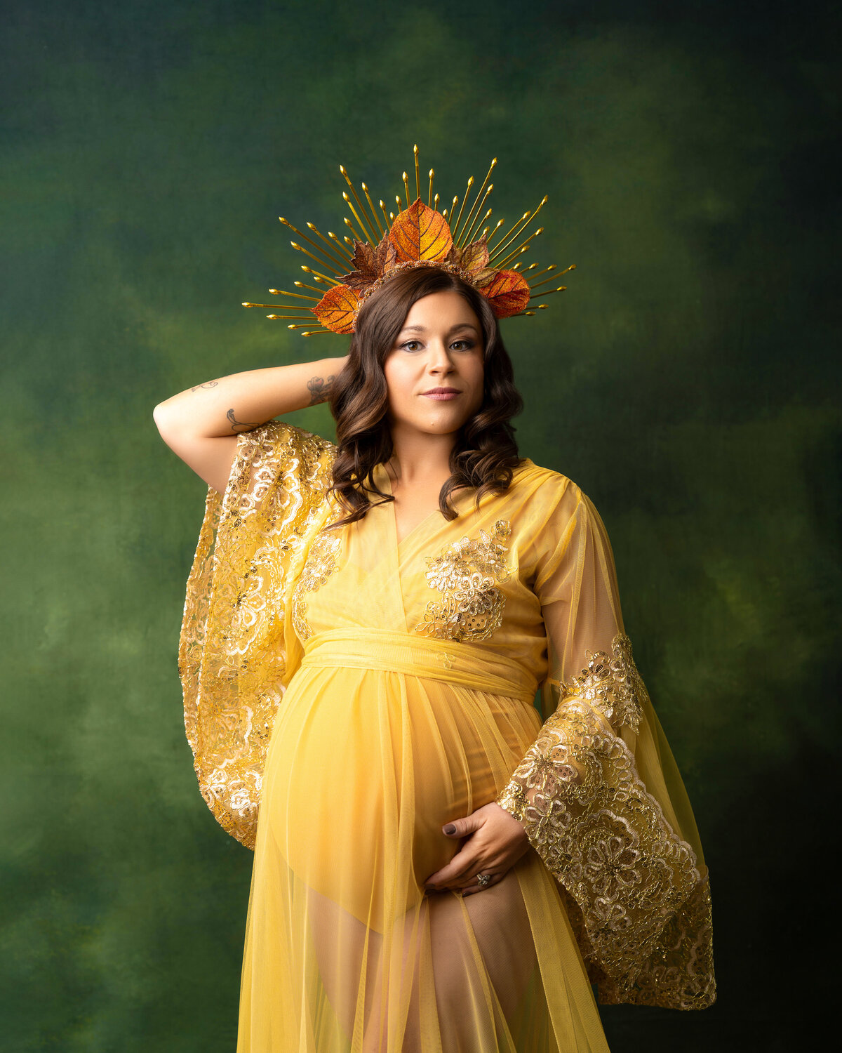 new orleans studio green gold crown dress belly woman pregnant