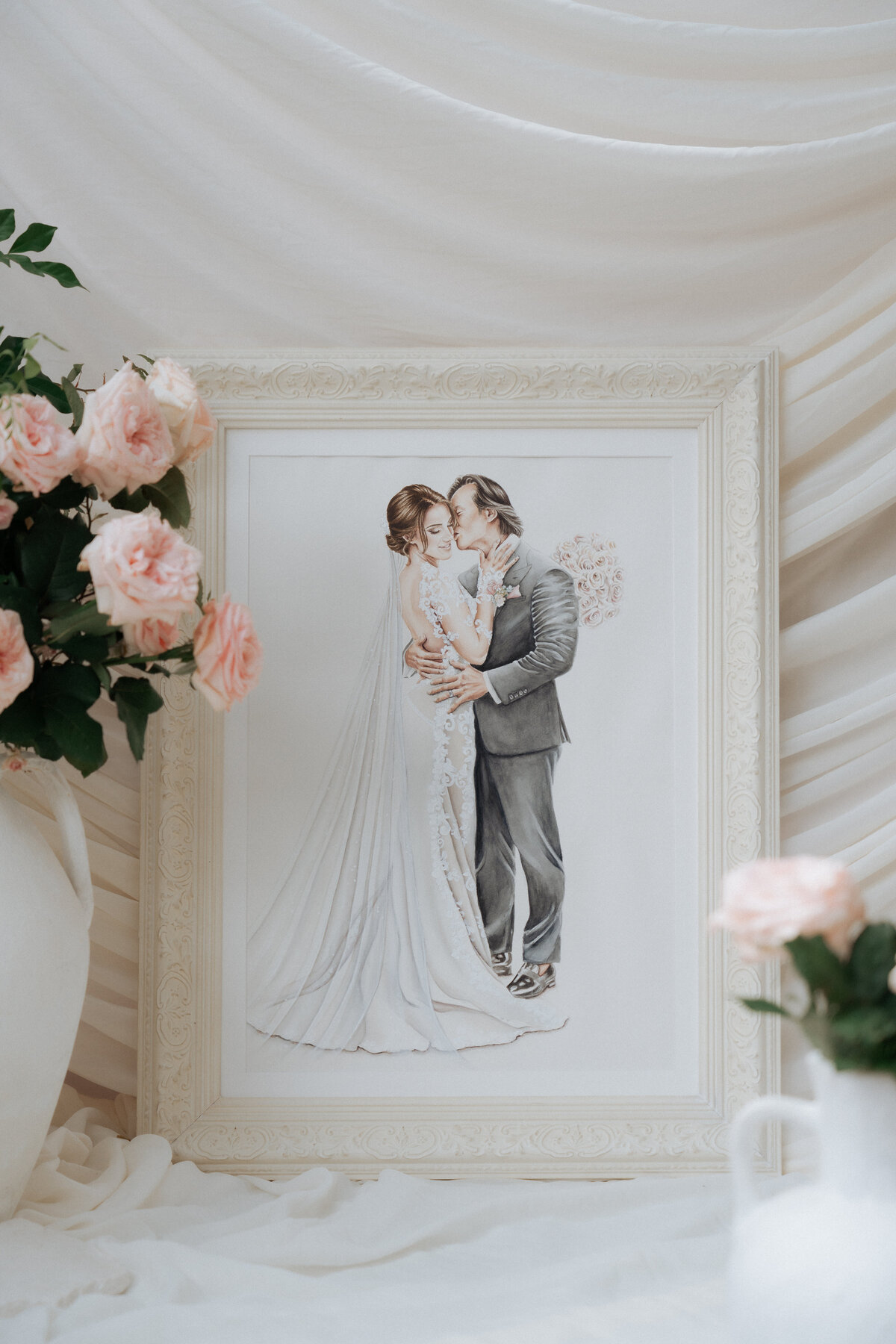 framed-wedding-portrait-illustration-bride-groom-pink-roses