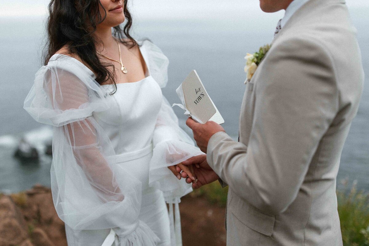 A woman in a lace wedding dress and a man in a tan suit stand at a viewpoint with the Columbia River Gorge as their backdrop