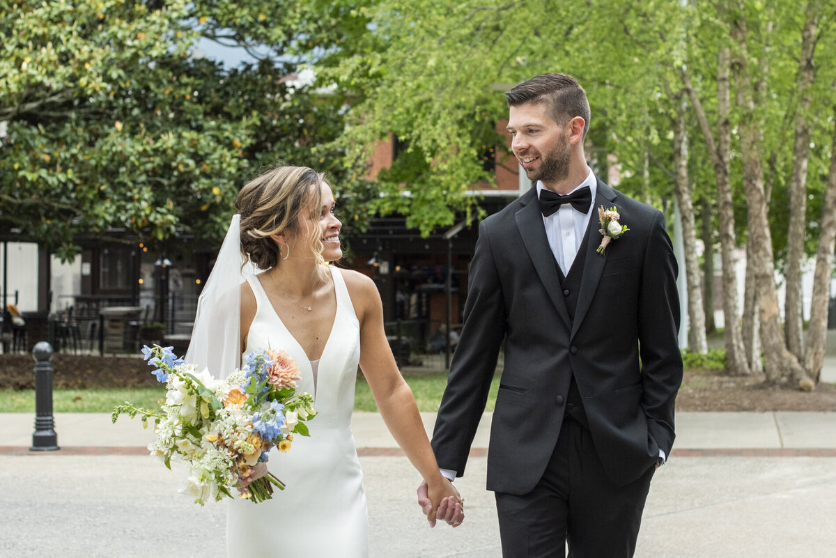 Couple walking at wedding