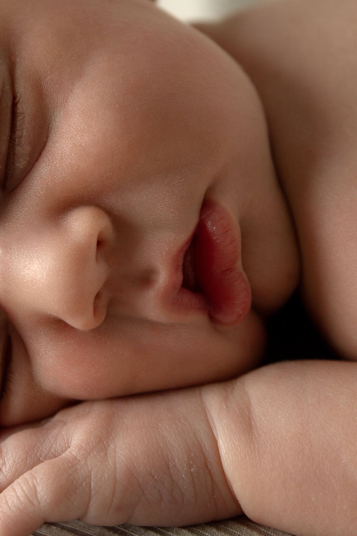 Details of newborn lips and nose.