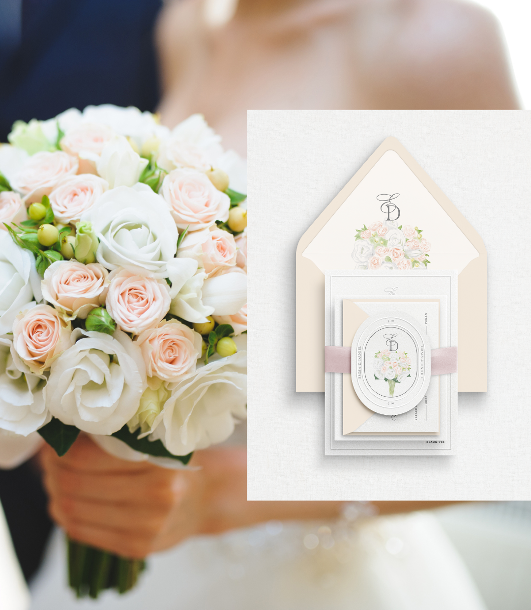 pink and white roses wedding invitation suite