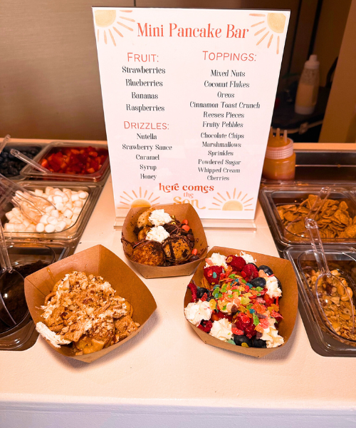 Pancake toppings bar with mini pancake boats