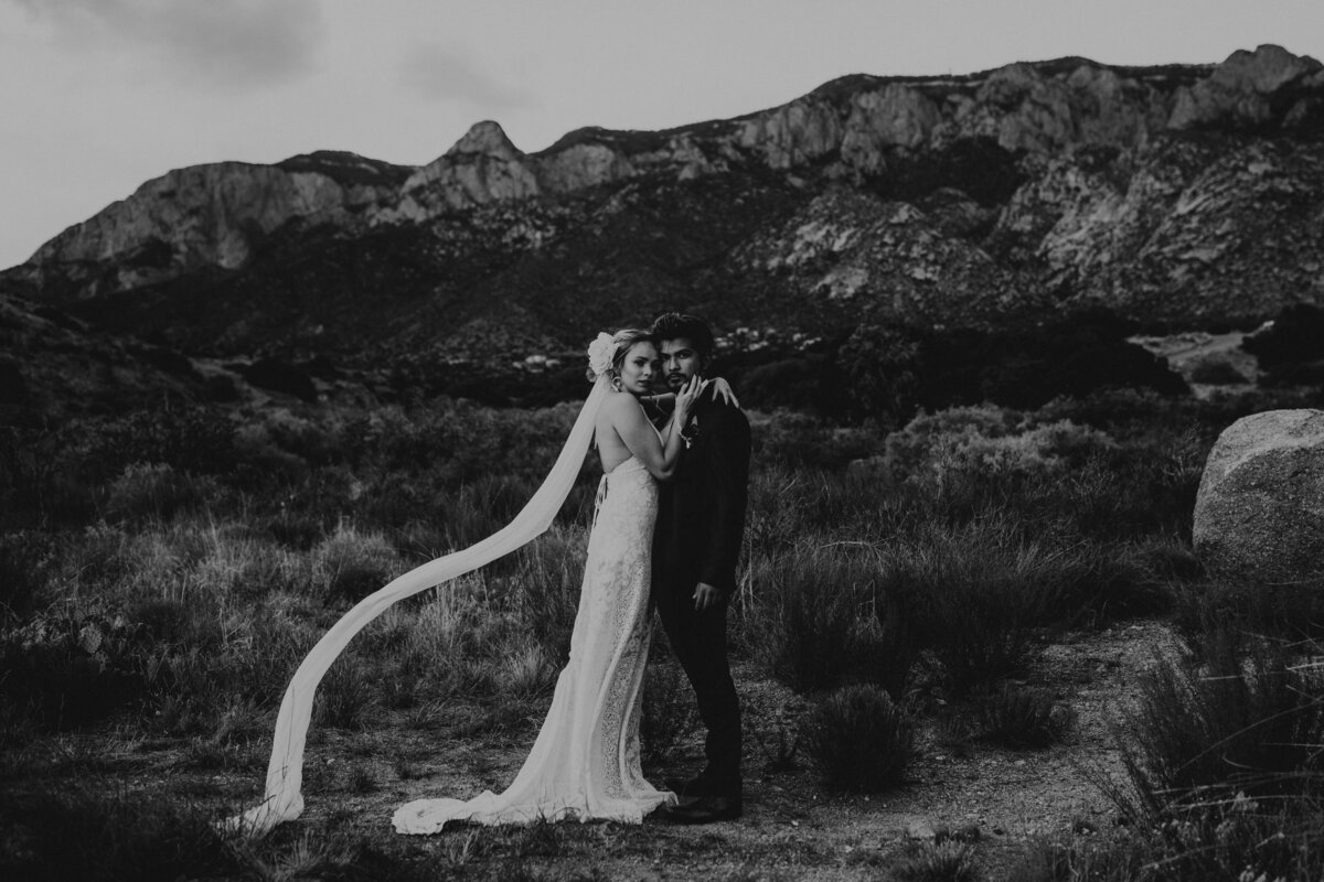 bride and groom in front of desert mountain
