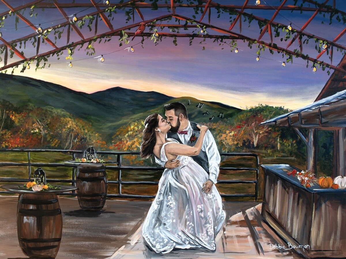 Live wedding painting of a bride and groom at sunset at The Barns of Madison County in Virginia