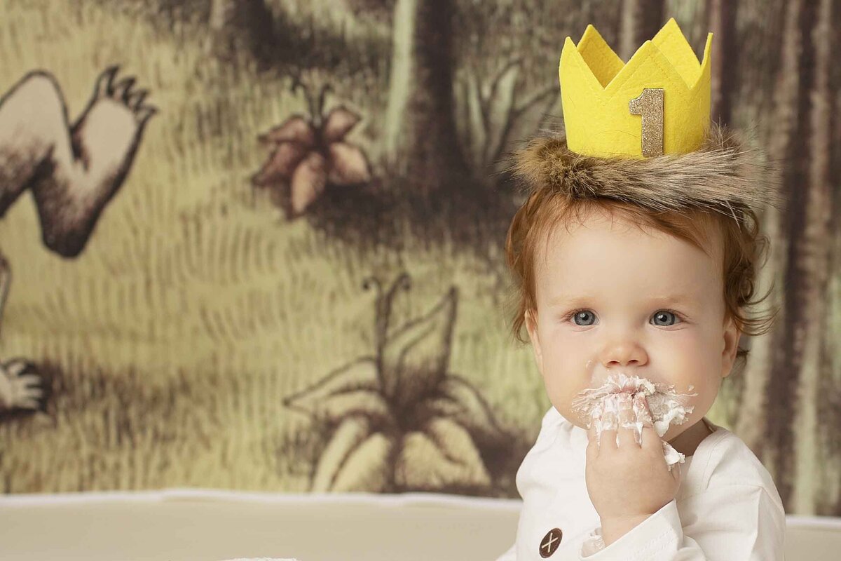 Redhead birthday boy with frosting on his hands, surrounded by Where the Wild Things Are themed decorations as he smashes his cake