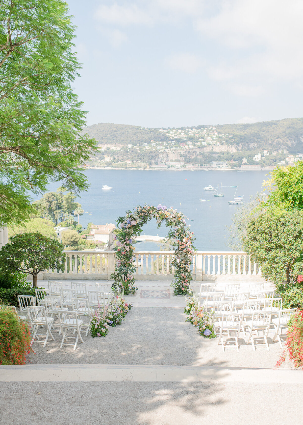 wedding ceremony looking out at the french riviera at villa ephrussi. 