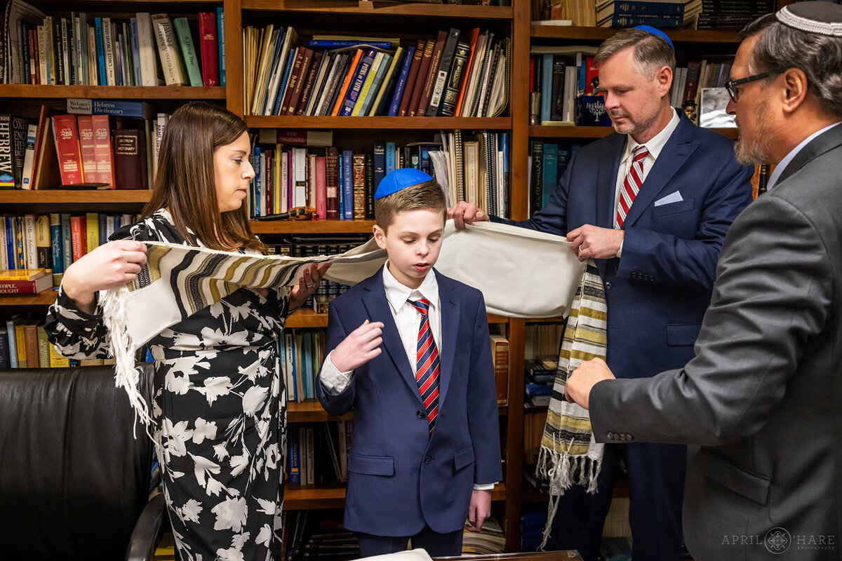 Young Man Gets Help with his Tallit at Temple Sinai Bar Mitzvah