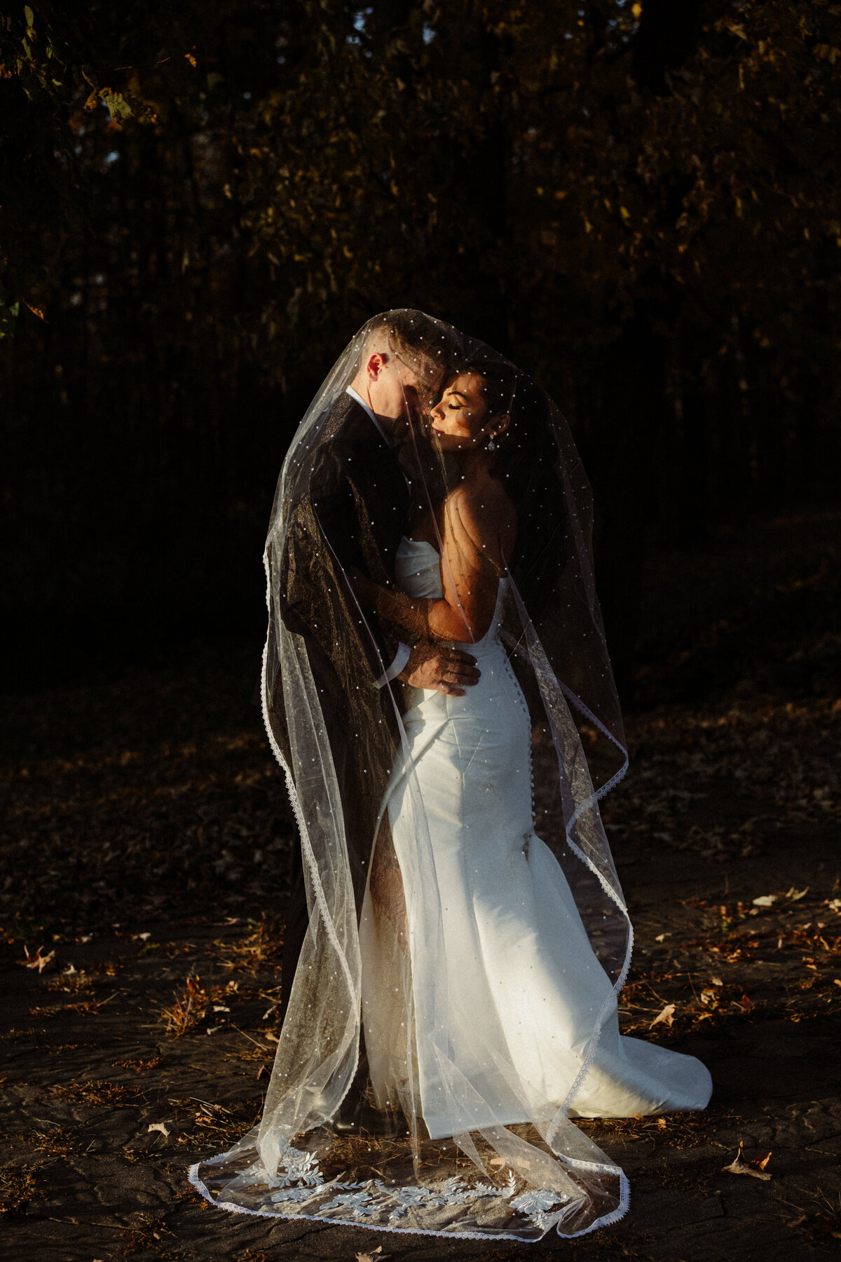newlywed embracing under a veil in a golden light