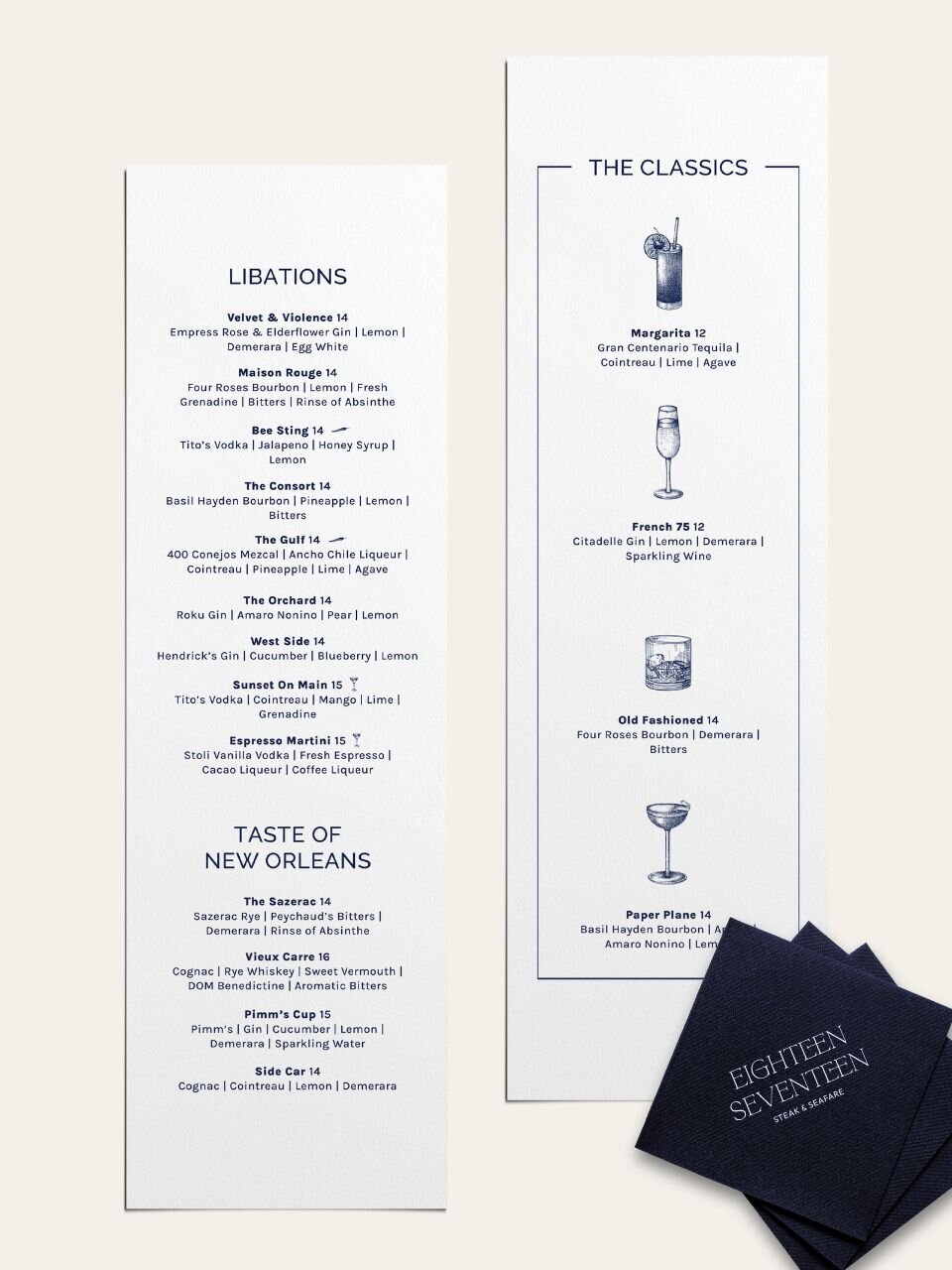 Curated cocktail and classics menu featuring illustrated drinks, custom naming, and clean layout as part of a cohesive restaurant branding suite.