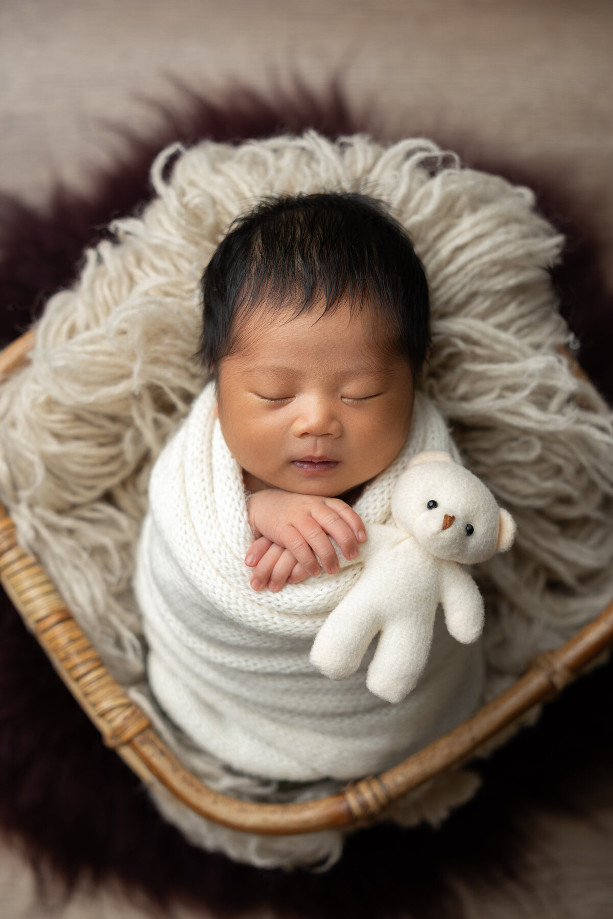 Newborn baby girl in bucket Edmonton studio photography 