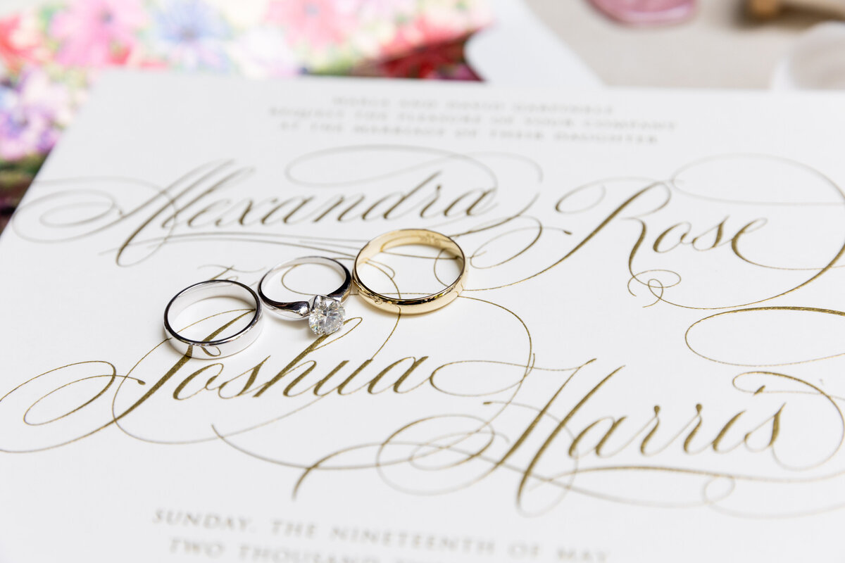 Wedding rings laid out on a wedding invitation