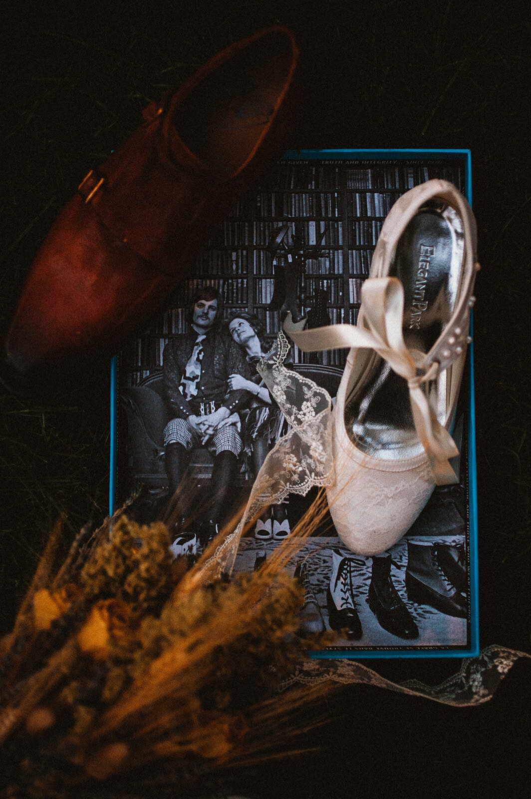 wedding shoes and dried florals