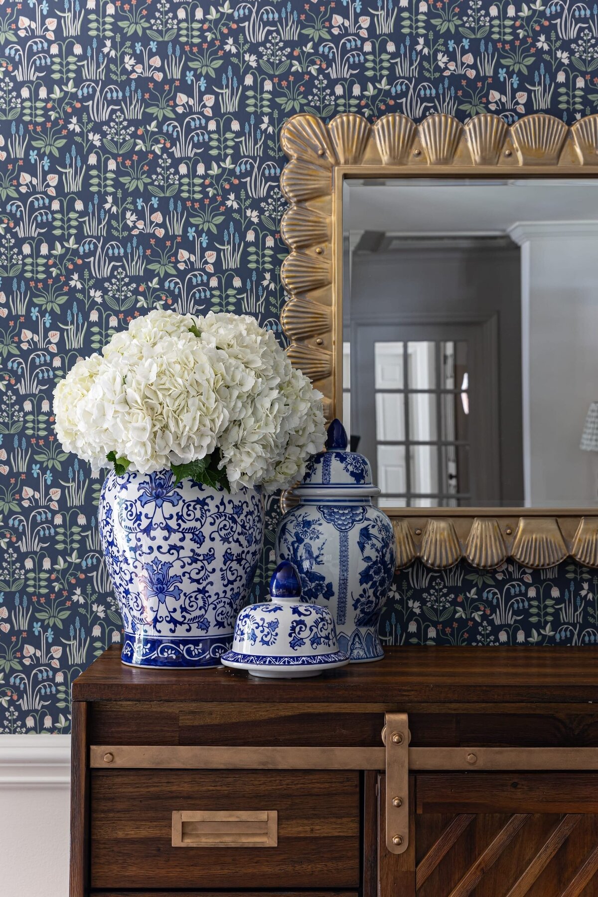 melinda chesson interiors chesson house sideboard styling blue white chinoiserie botanical wallpaper
