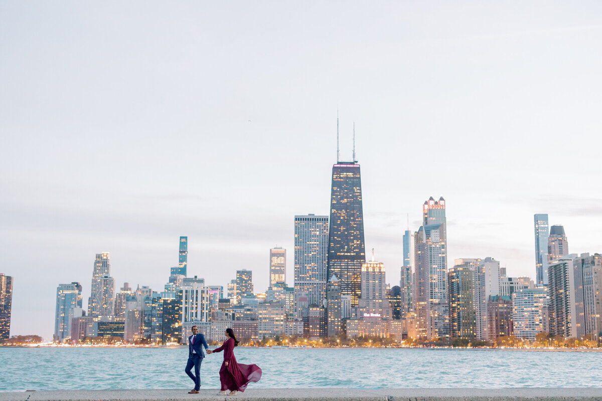 A beautiful view of the Chicago skyline for an evening engagement session