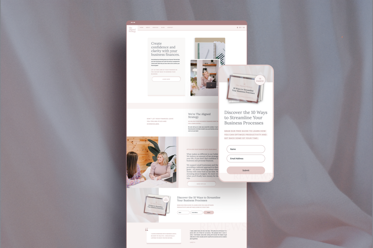 Screenshot of elegant, timeless website on phone and desktop, with soft pink accents and a bluish gray background designed by Showit agency Liberty Type
