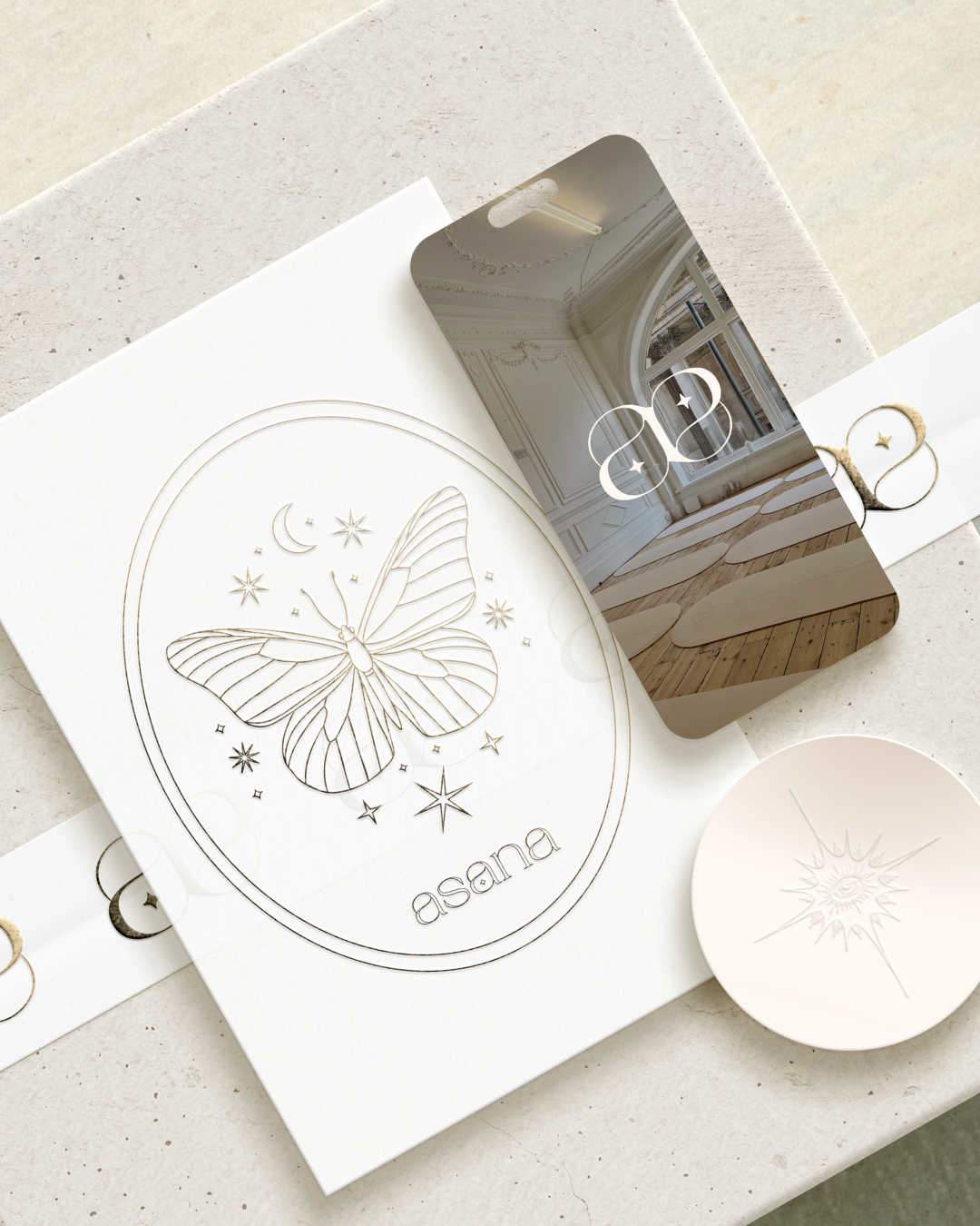 aesthetic box mockup for a pottery studio cellestial pattern illustration retro vibe branding