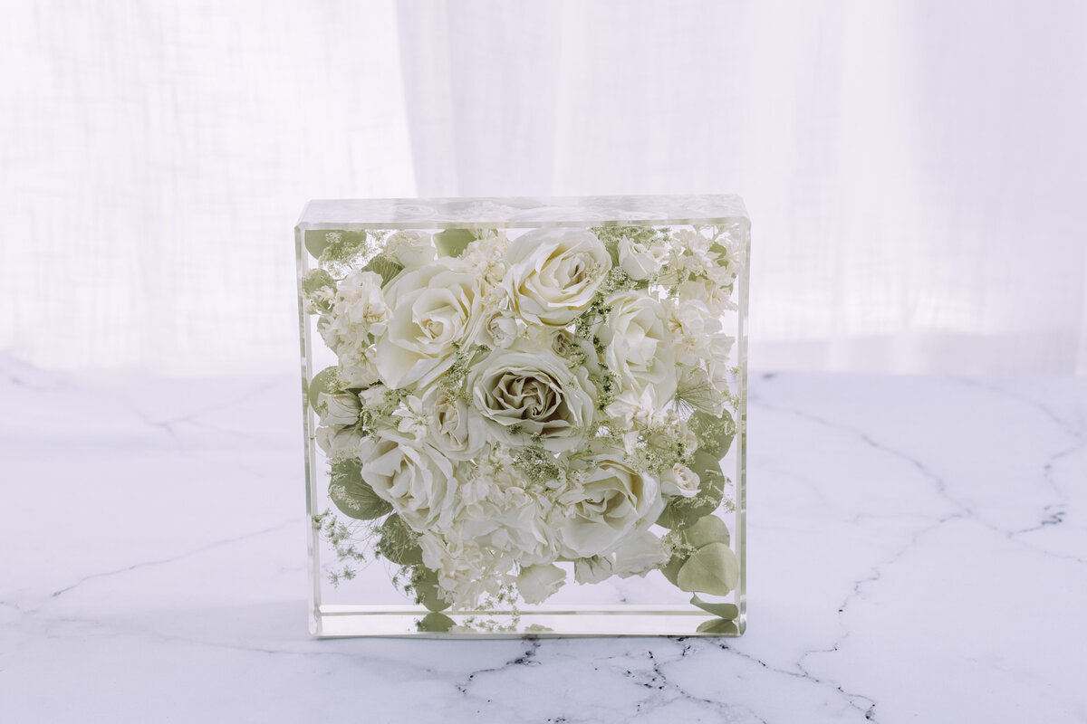 bridal bouquet preserved in clear resin