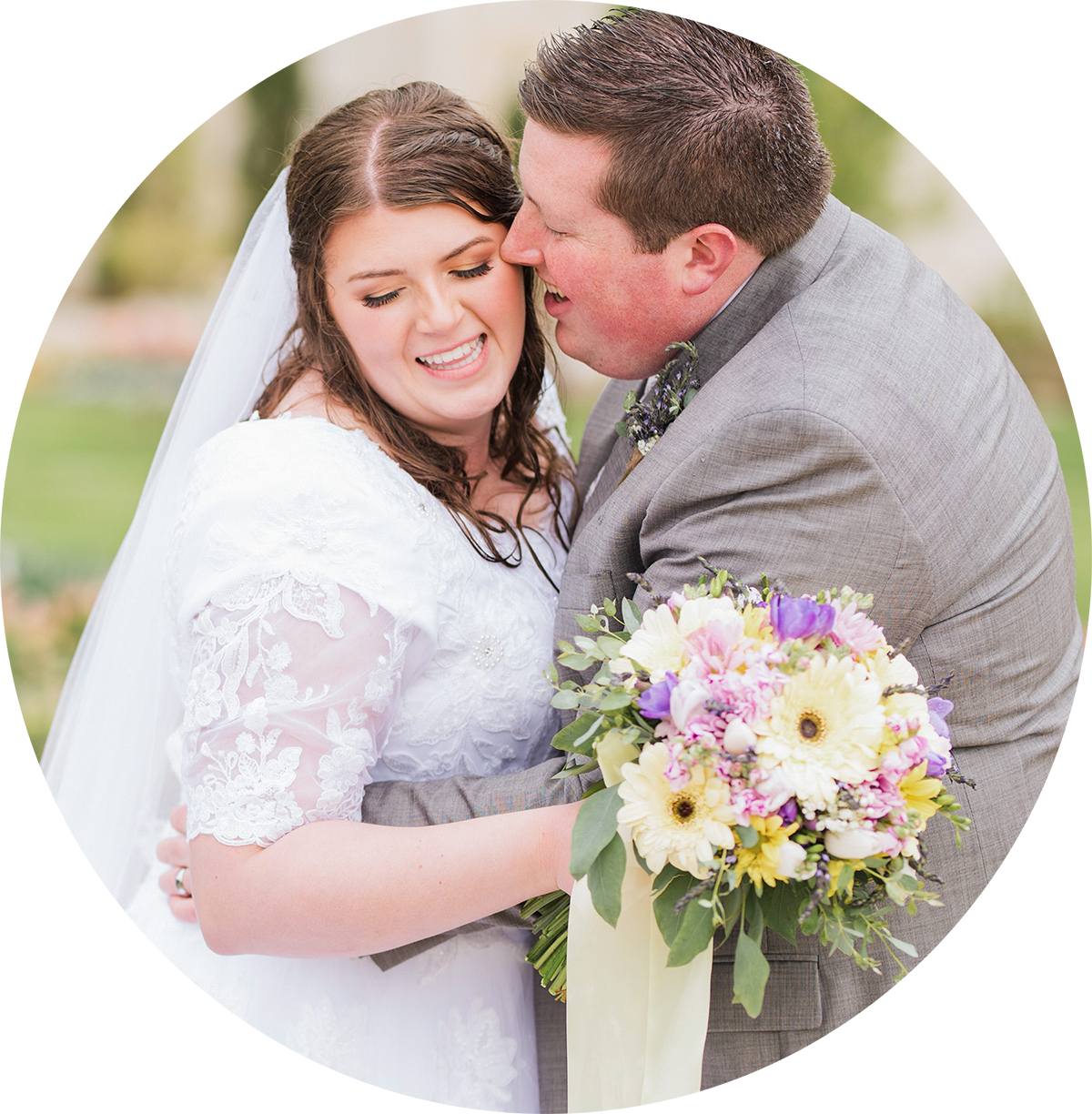 Bride and groom at the Ogden temple in the rain