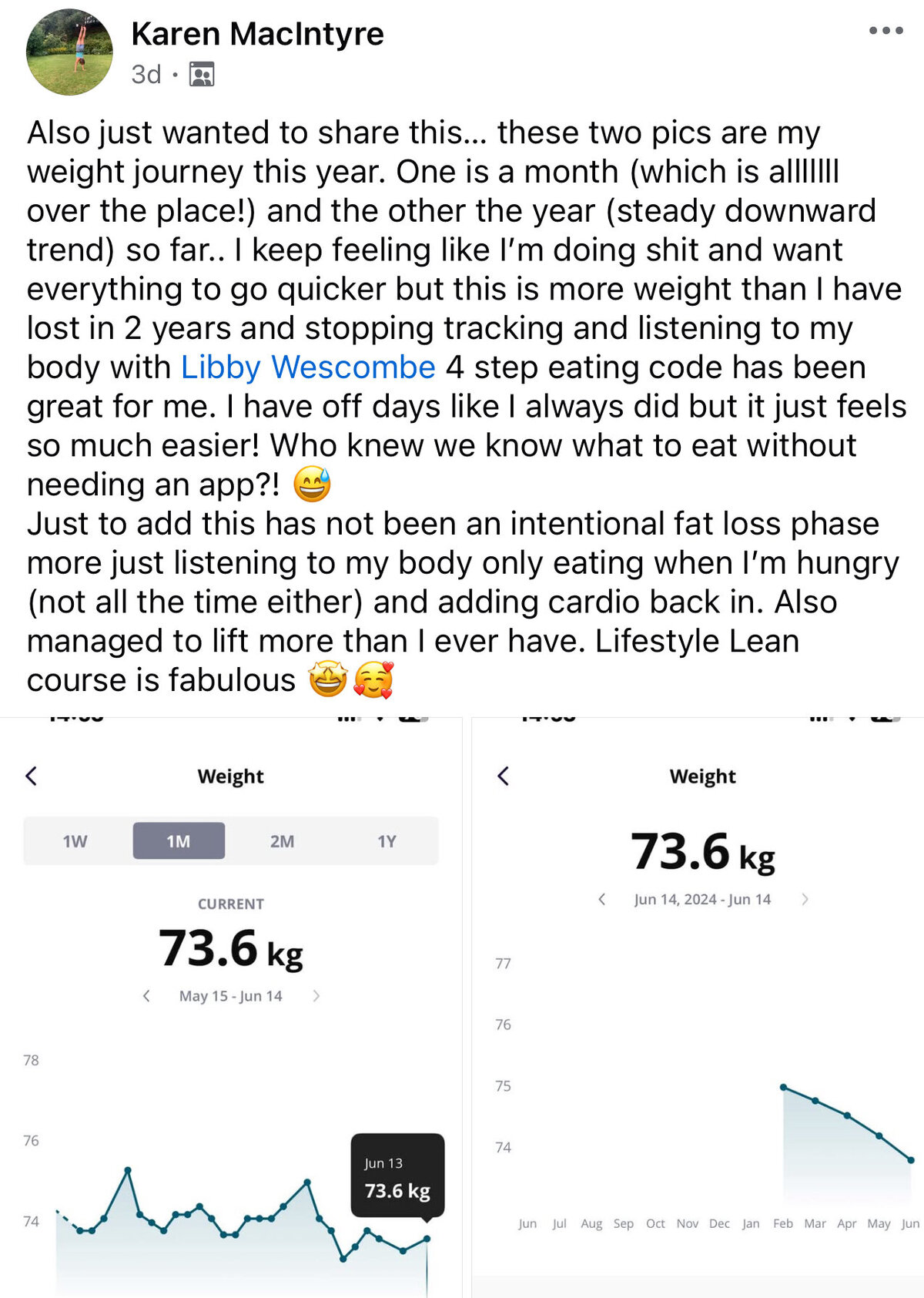Karen’s weight over one month and one year
