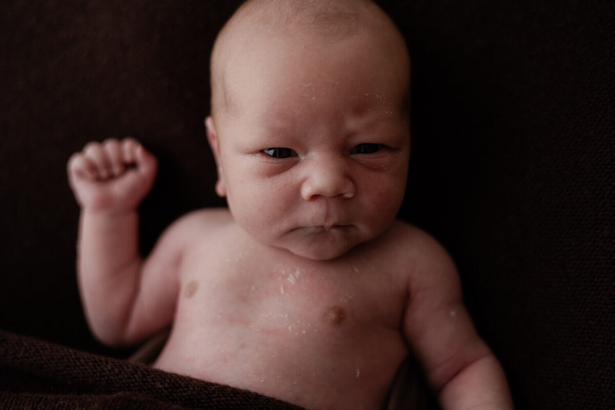Tijdloze newborn shoot thuis met een bruine achtergrond. Deze warme setting brengt de eenvoud en schoonheid van je pasgeboren baby prachtig in beeld.
