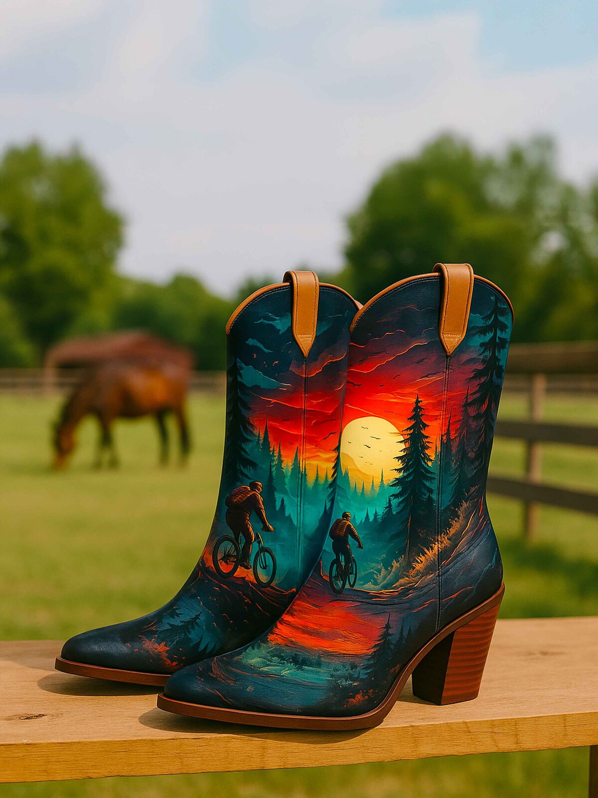CustomPaintedCowgirlBoots_FullMoonForestMountainBikersTheme