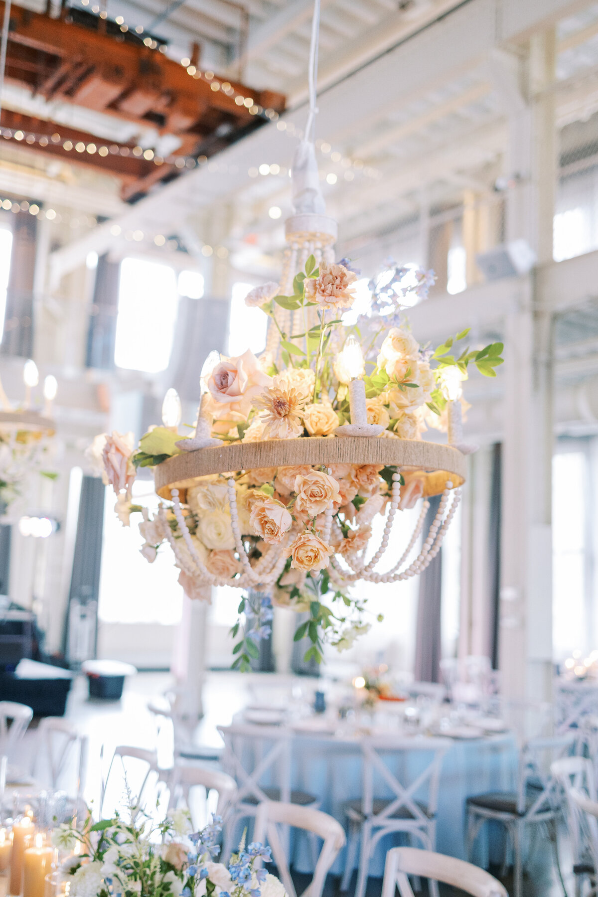 peach and blush hanging flowers, studio fleurette, minneapolis mn
