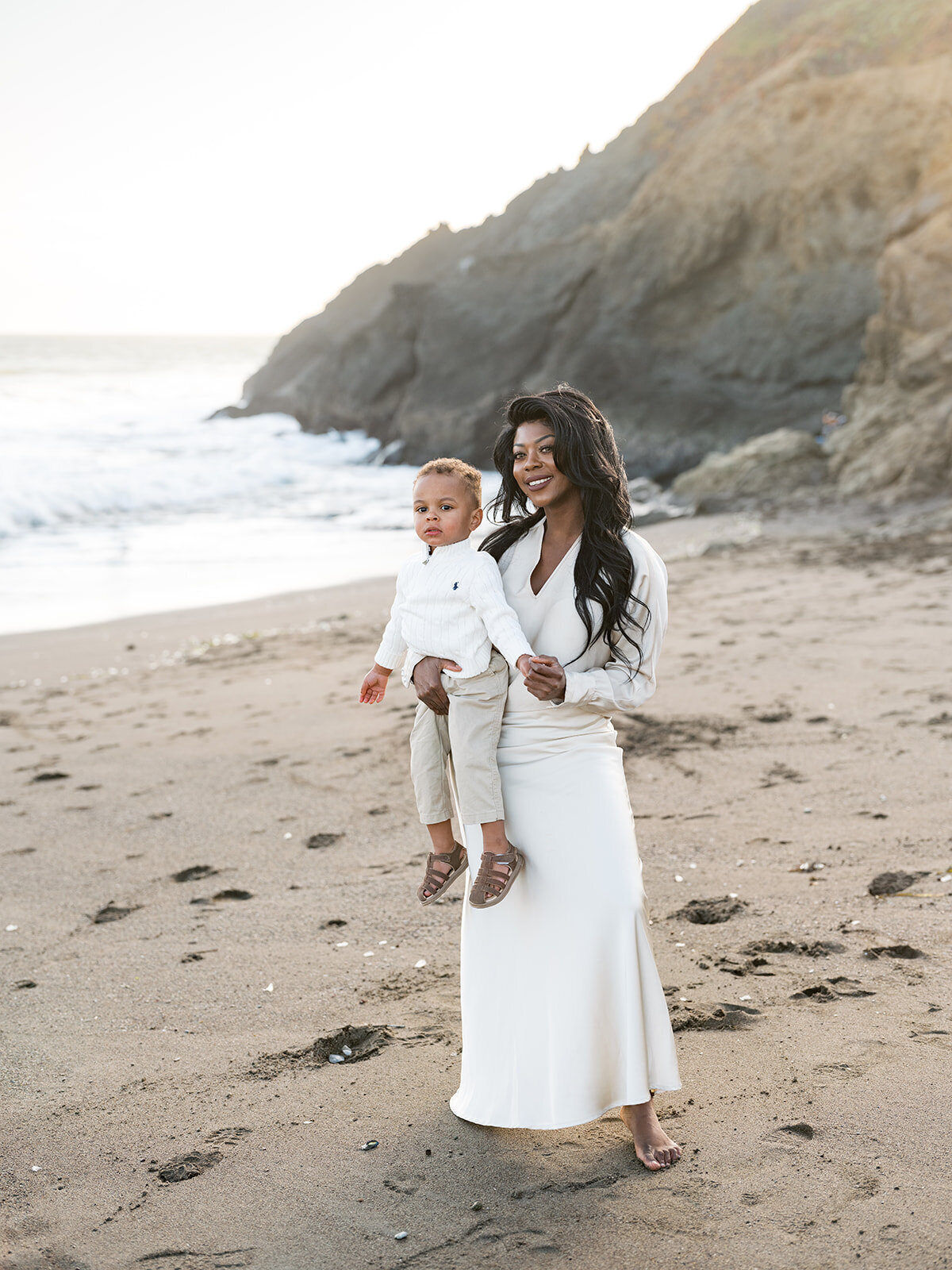 Mother portrait beach session Rodeo Beach Marin Headlands golden hour