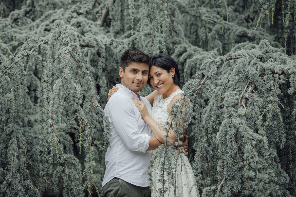 Couple by mint green tree during engagement shoot at Grounds for Sculpture in Hamilton Township New Jersey