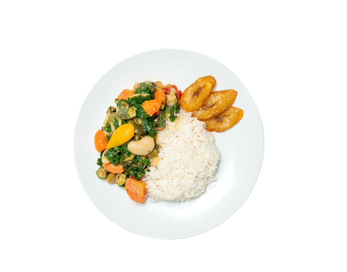 Vegetable stew, white rice, and fried plantains.