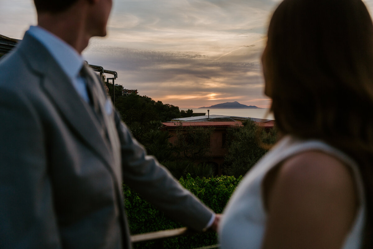 View of Sorrento coastline at sunset from panoramic terrace