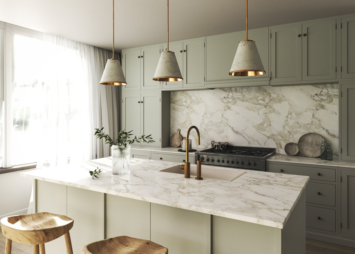 Pale green gray kitchen with gold accents