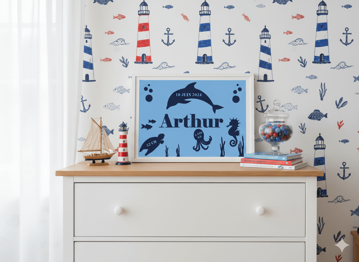 Cadre de naissance sur le thème marin avec silhouettes de dauphin, hippocampe, poissons et algues, posé sur une commode blanche dans une chambre d’enfant décorée de phares et d’éléments nautiques. Le cadre affiche un prénom et des informations de naissance