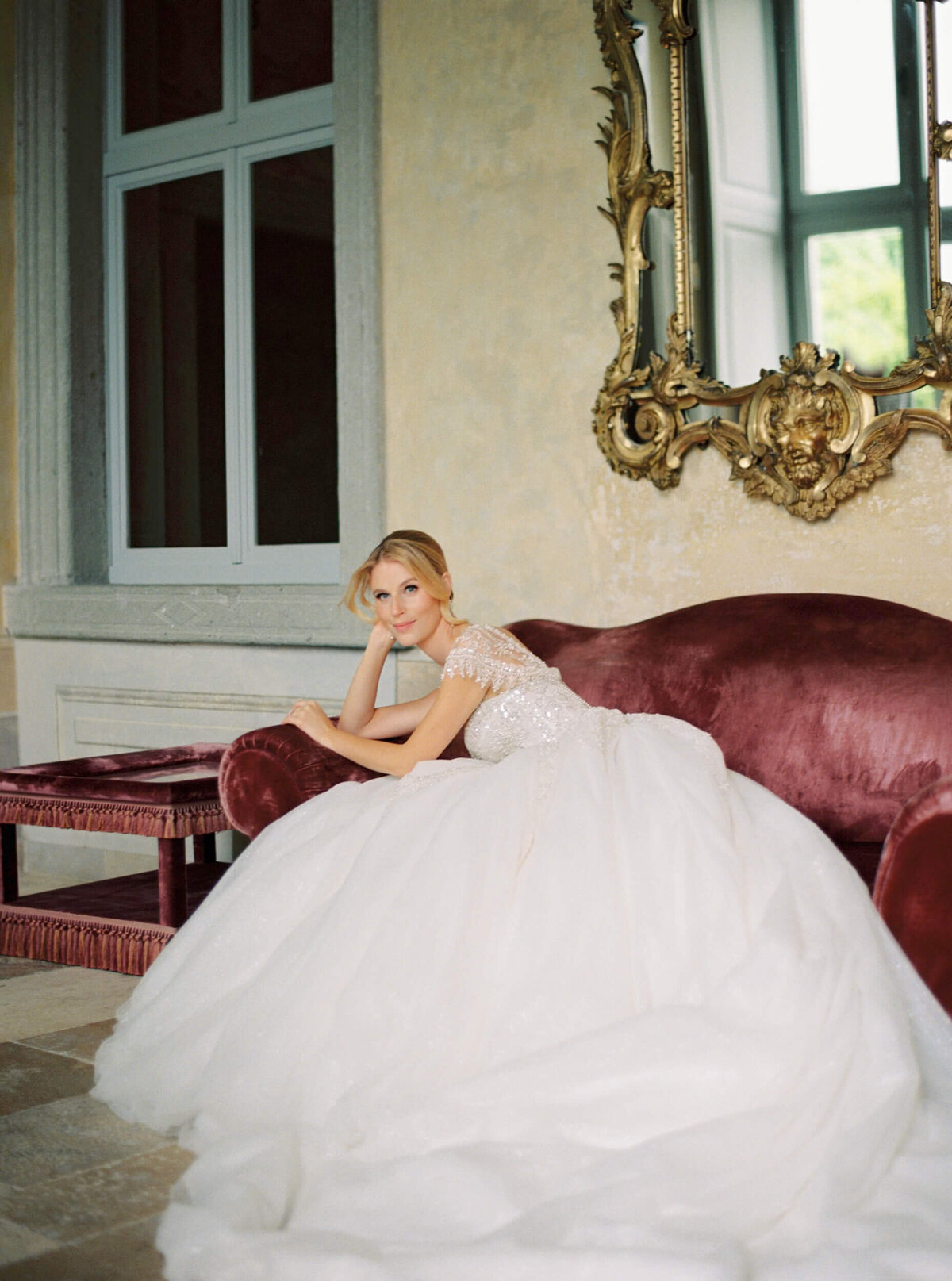 A wedding photo of a bride in her white wedding dress at Villa Balbiano on Lake Como in Italy