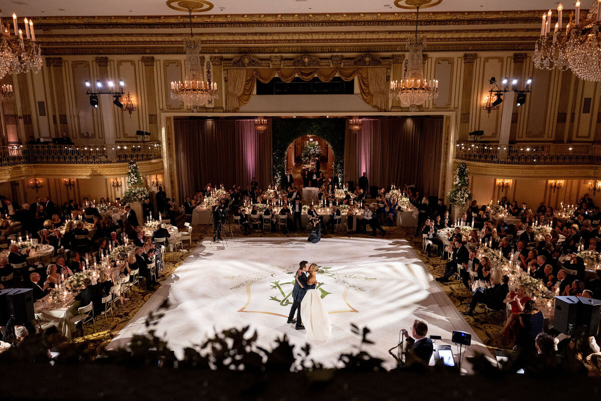 A picture of the bride and groom on the dance floor. 