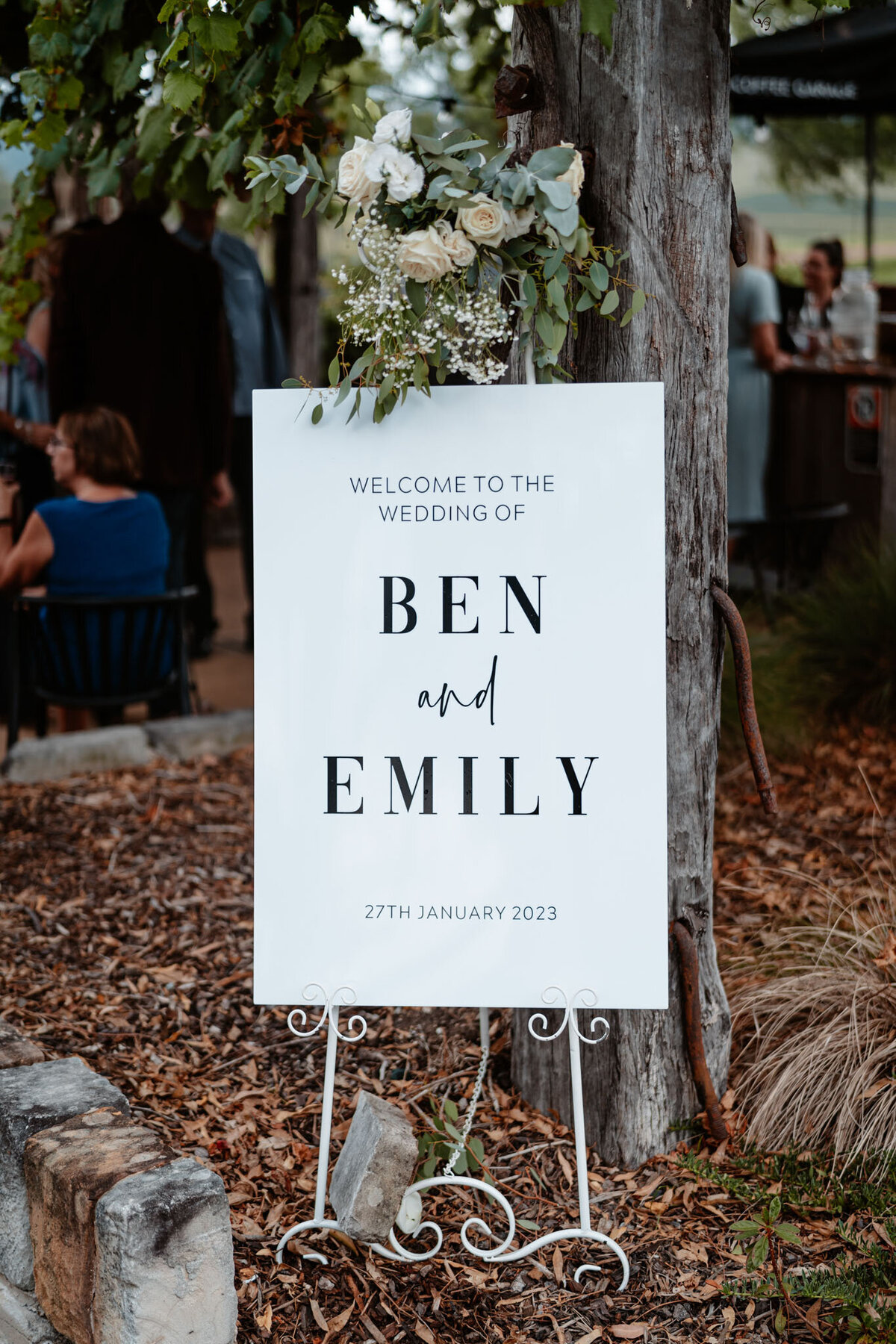 Emily & Ben's sign towards their wedding ceremony