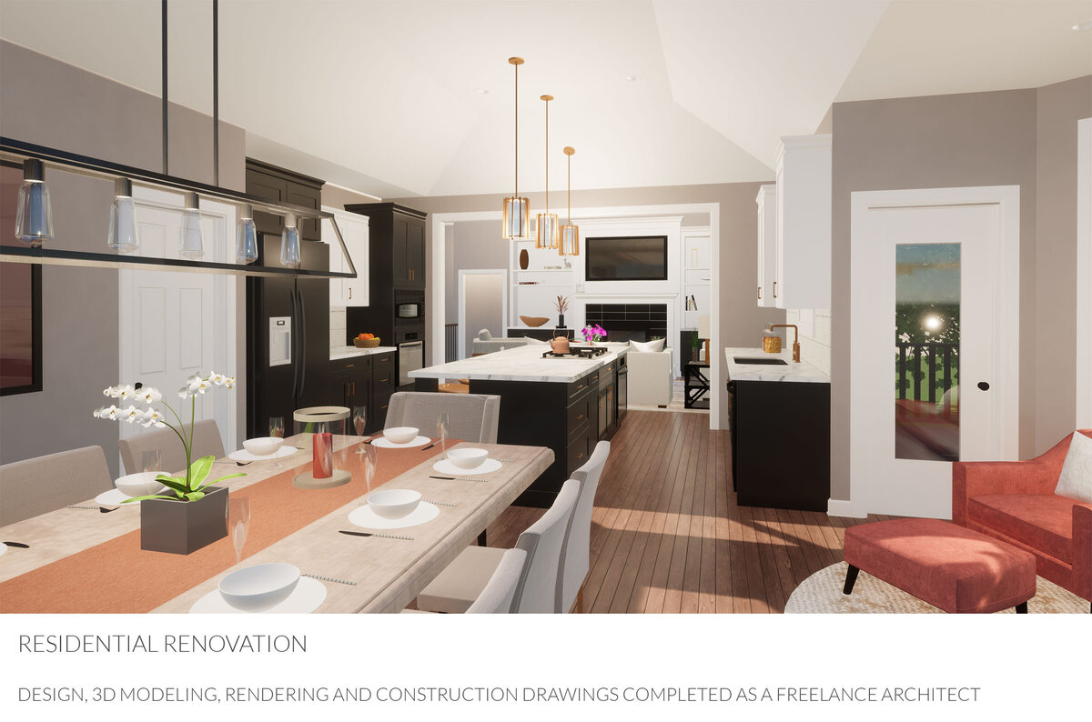 Design, construction drawings, 3D modeling and rendering of kitchen for Independence, MO residence renovation