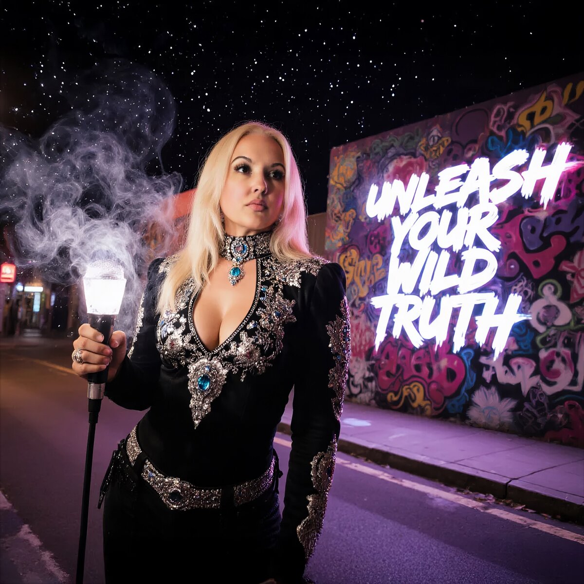 Buffy posing in front of neon sign public art installation. It reads "Unleash Your Wild Truth"