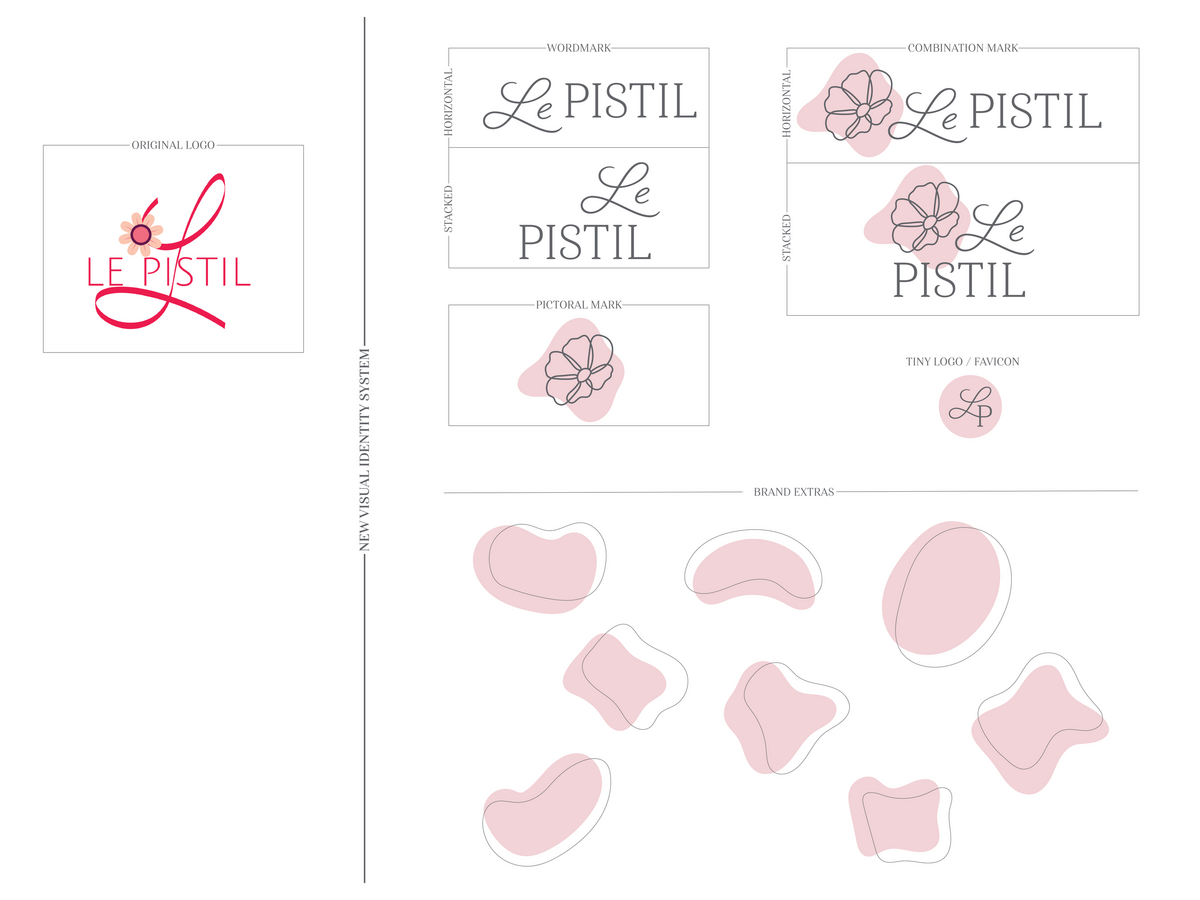 The existing Le PISTIL logo is shown on the left with the new responsive logo suite and brand extras shown on the right.
