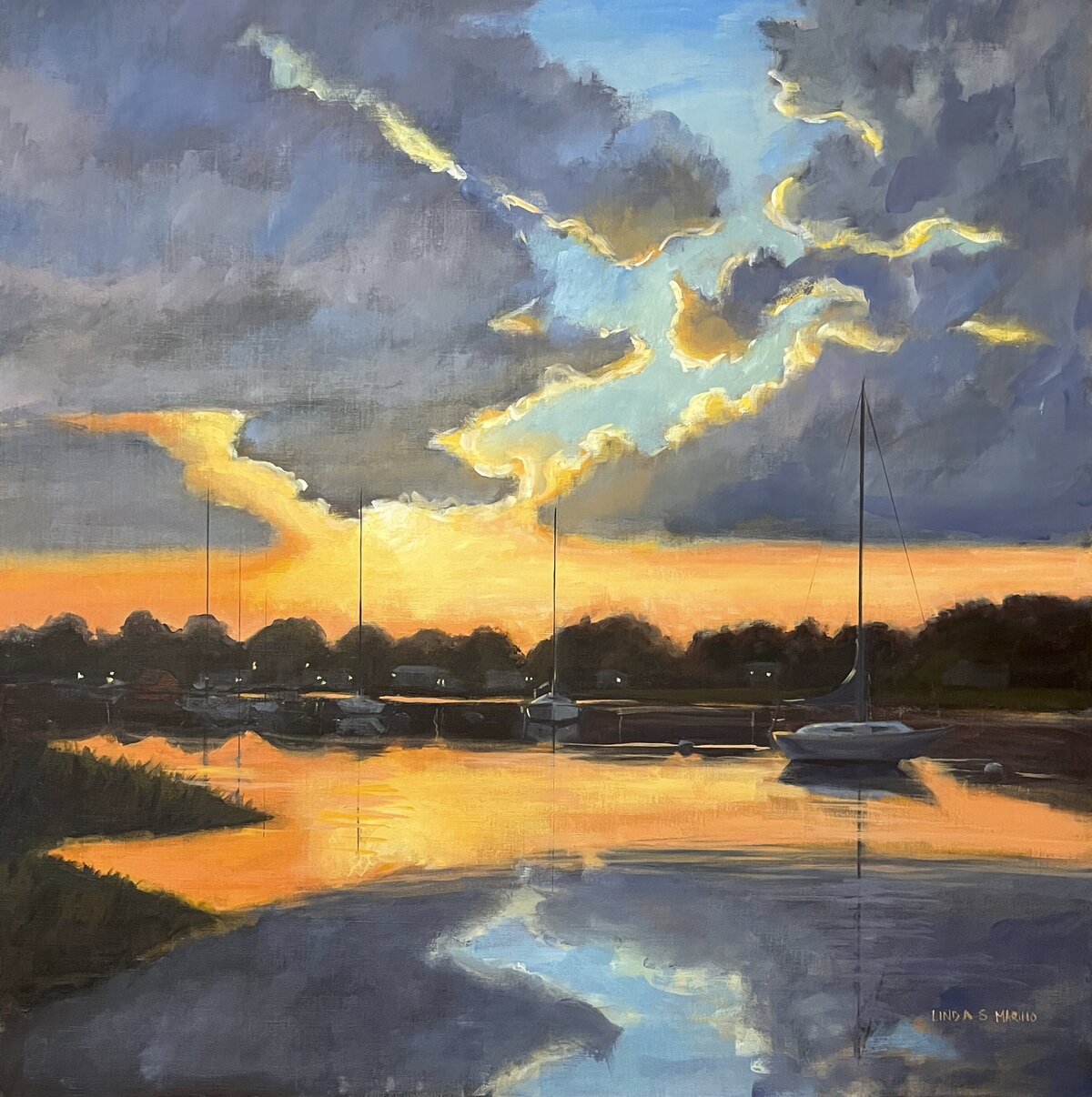 Painting of East River in Madison CT looking towards Guilford Harbor, orange sunset. blue purple clouds and  sailboats, 30 x 38" acrylic on canvas, by Connecticut painter Linda Marino