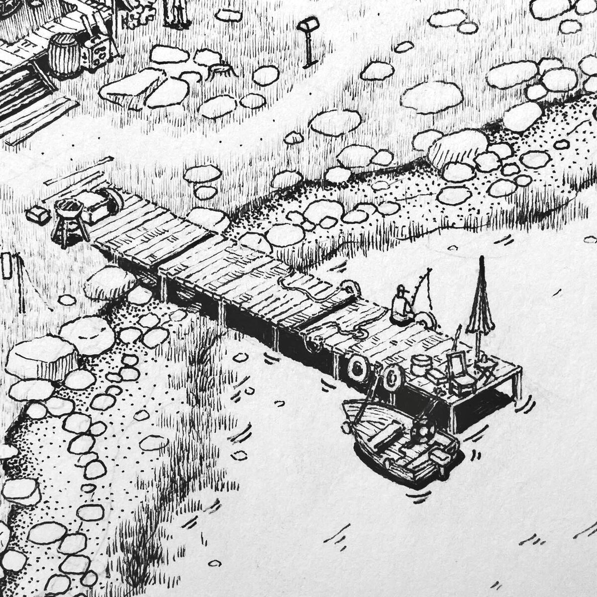 Isometric Pen and Ink illustration of a giant octopus that delivers the mail to a small house on stilts above the water.