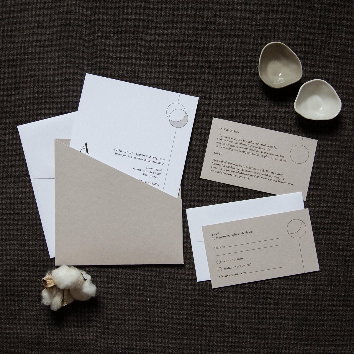 Pocket wedding invitation with white and stone cards