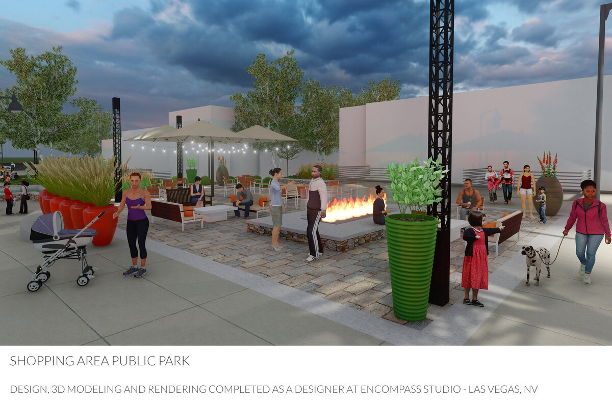 Family gathering area for public park in developed shopping center